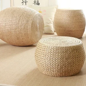 Pouf rond style japonais en rotin et mousse mémoire
