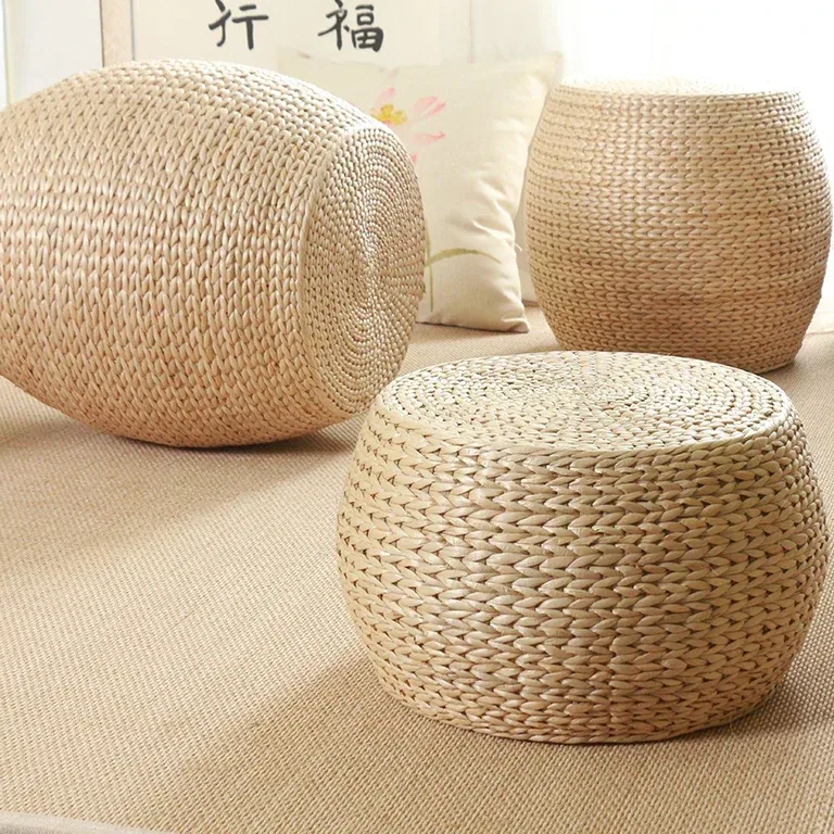Pouf rond style japonais en rotin et mousse mémoire