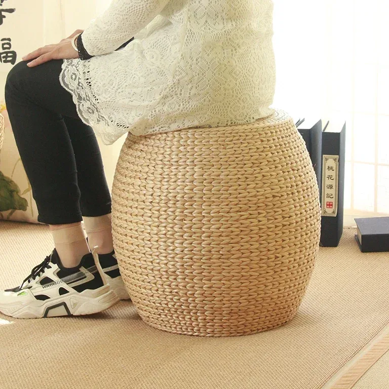 Pouf rond style japonais en rotin et mousse mémoire – Image 3