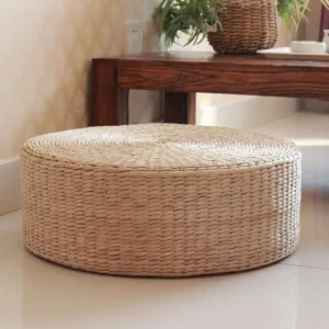 Pouf rond tissé naturel en paille et mousse PU
