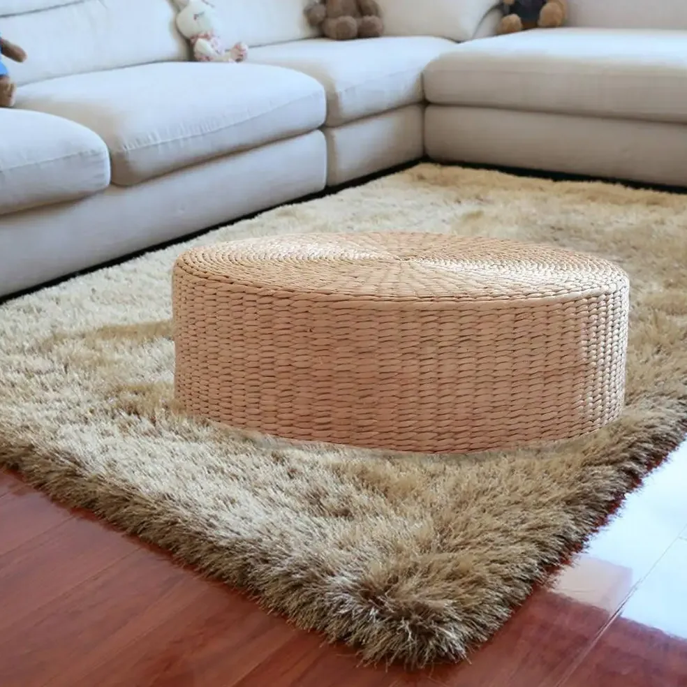 Pouf rond tissé naturel en paille et mousse PU – Image 2