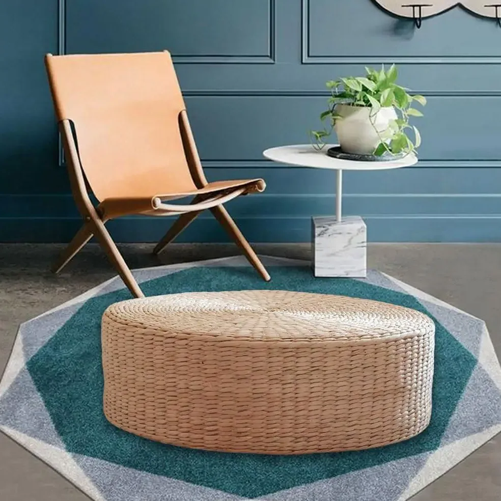 Pouf rond tissé naturel en paille et mousse PU – Image 3