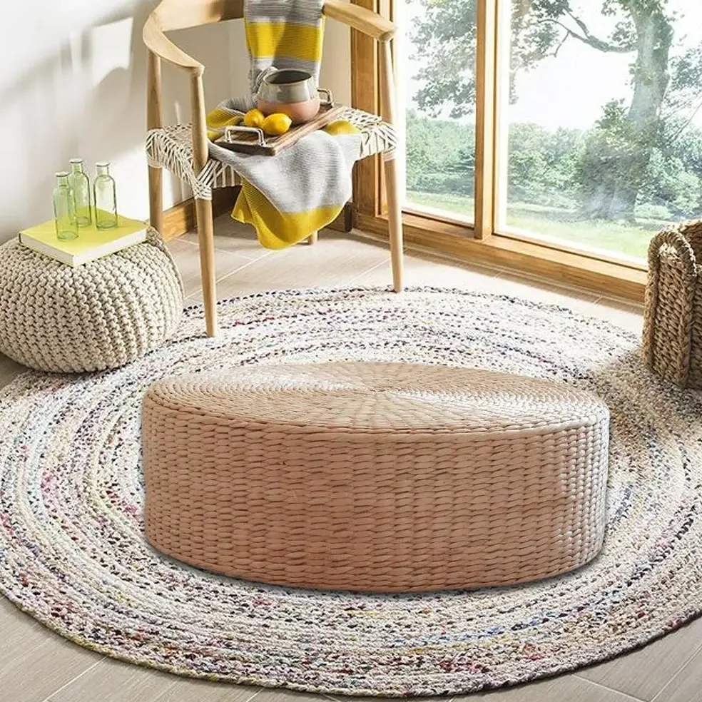 Pouf rond tissé naturel en paille et mousse PU – Image 4