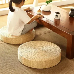 Pouf rond tressé en paille naturelle 40x40 cm