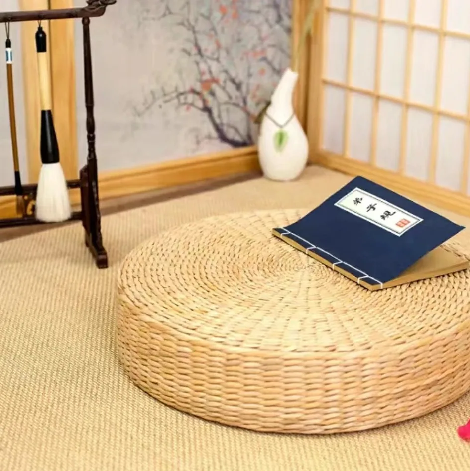 Pouf rond tressé en paille naturelle 40x40 cm – Image 2
