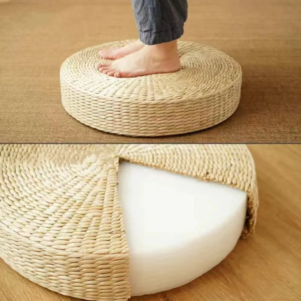 Pouf rond tressé en paille naturelle 40x40 cm – Image 4