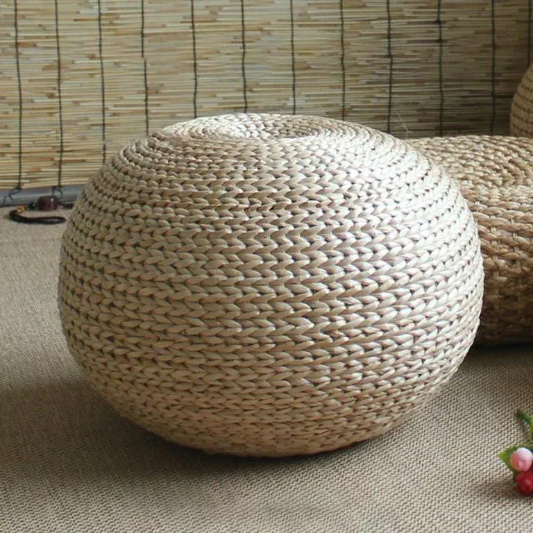 Pouf tabouret rond en rotin tressé style japonais