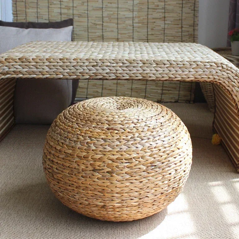 Pouf tabouret rond en rotin tressé style japonais – Image 2