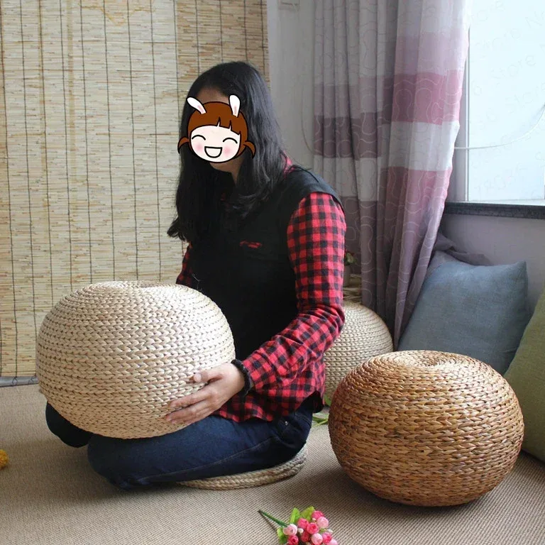 Pouf tabouret rond en rotin tressé style japonais – Image 4