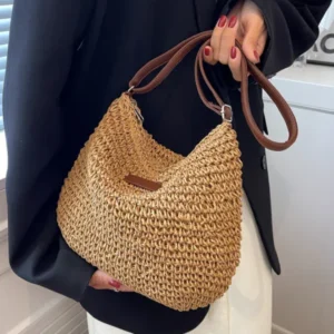 Sac cabas en paille tissé pour femme, bandoulière