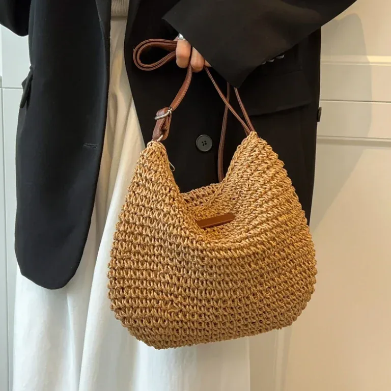 Sac cabas en paille tissé pour femme, bandoulière – Image 2