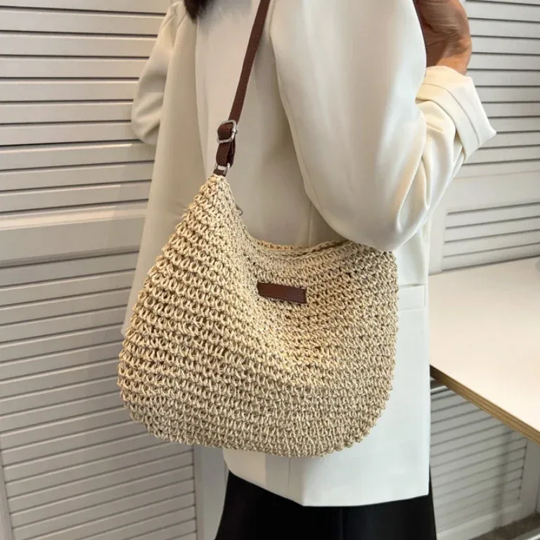 Sac cabas en paille tissé pour femme, bandoulière – Image 3