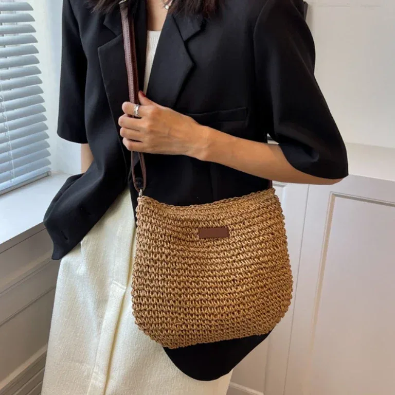Sac cabas en paille tissé pour femme, bandoulière – Image 4