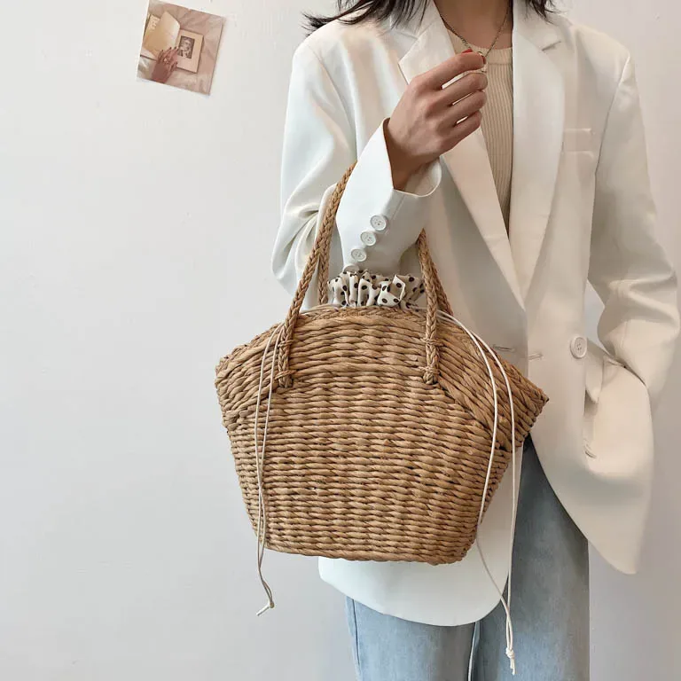 Sac fourre-tout en paille tissé main style bohème – Image 2