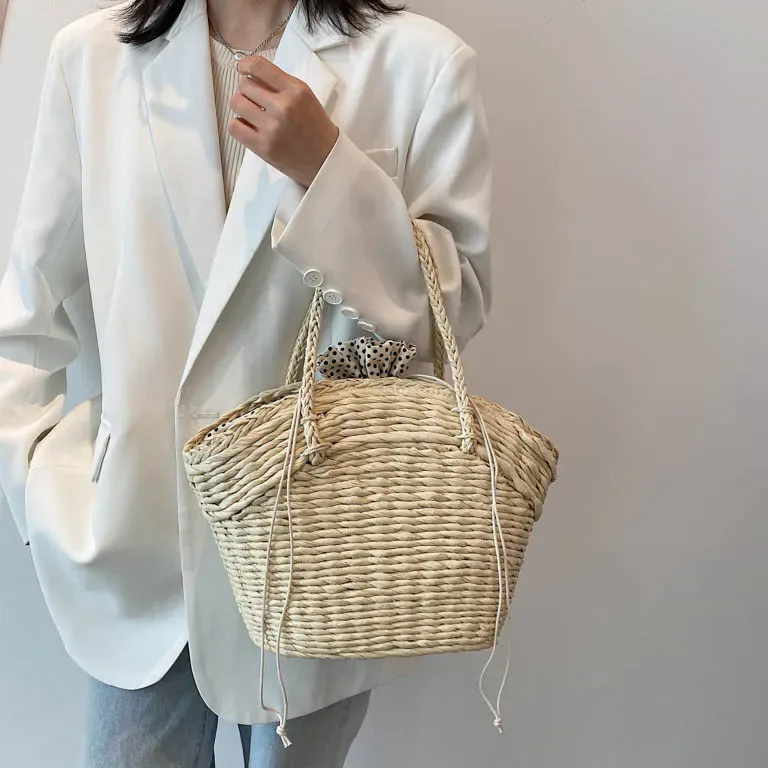 Sac fourre-tout en paille tissé main style bohème – Image 4