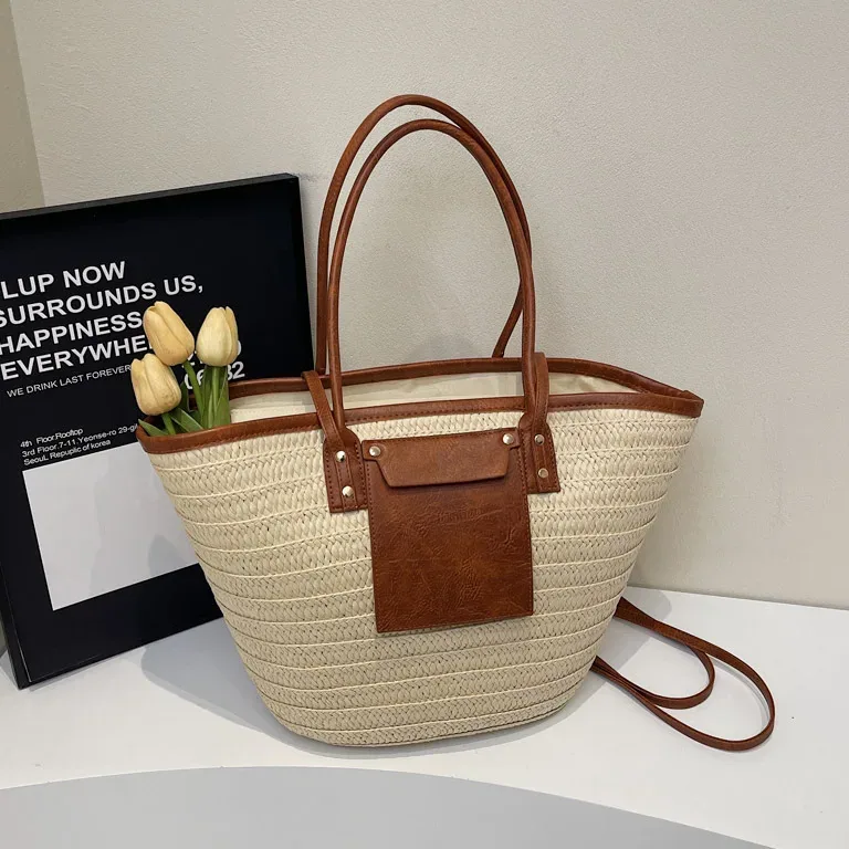 Sac fourre-tout tressé en paille style bohème – Image 2