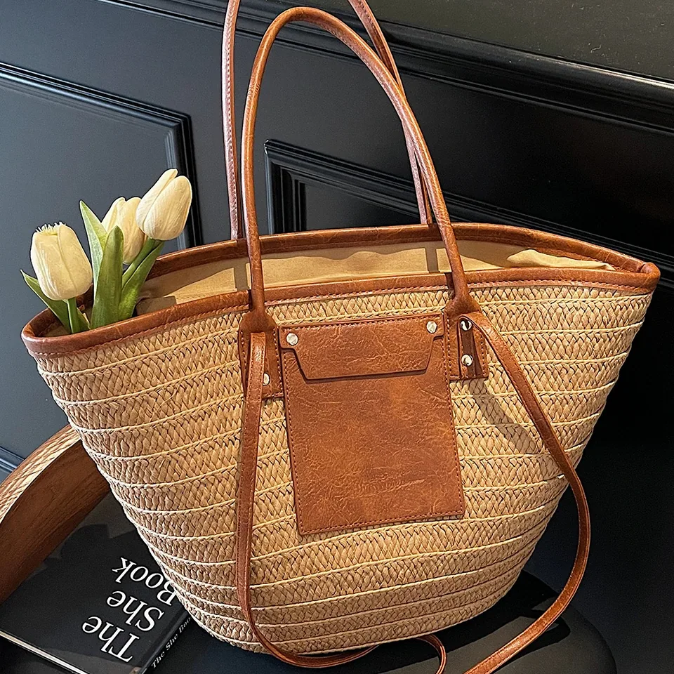 Sac fourre-tout tressé en paille style bohème – Image 3