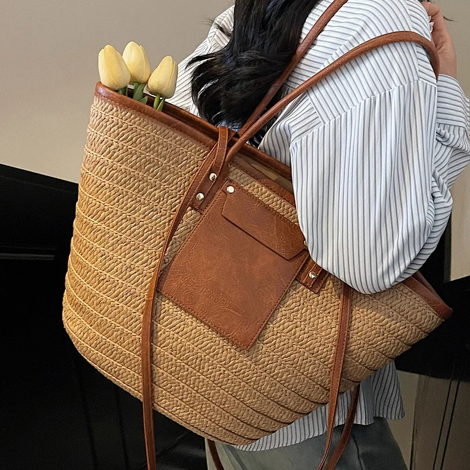 Sac fourre-tout tressé en paille style bohème – Image 5
