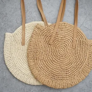 Sac rond en paille tissé style bohème pour femme