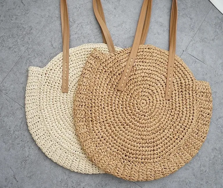 Sac rond en paille tissé style bohème pour femme