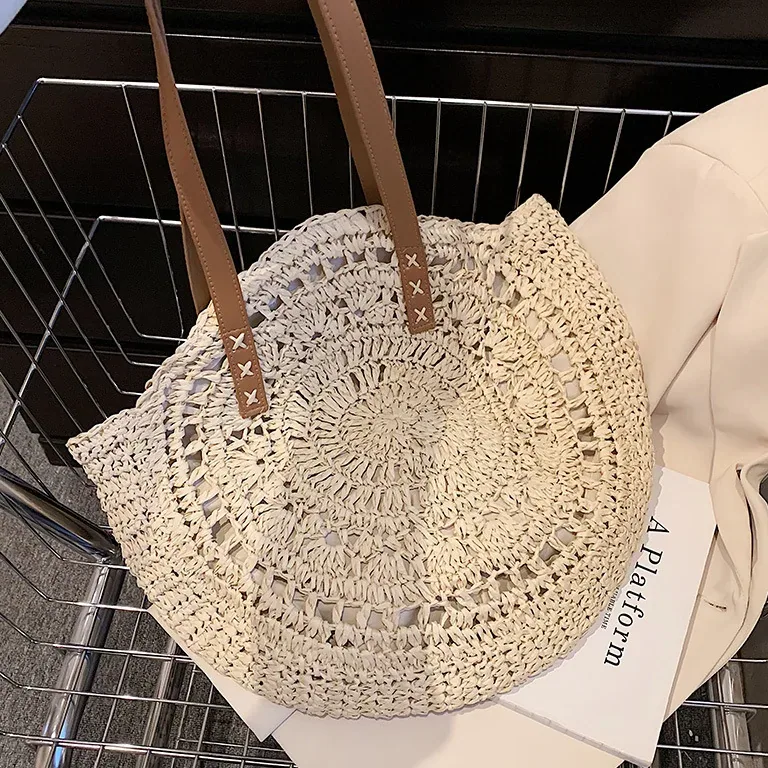 Sac rond en paille tissé style bohème pour femme – Image 3