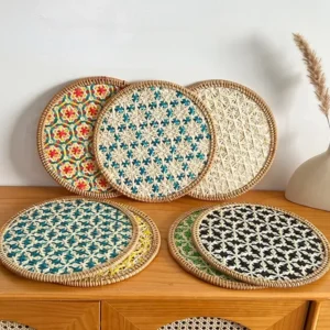 Set de table rond en rotin tissé main style japonais