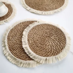 Sets de table ronds en bambou tressé, style bohème (2 pièces)