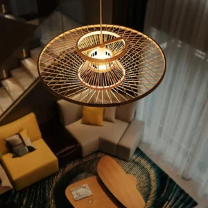 Suspension lampe en bambou tressé, abat-jour artisanal