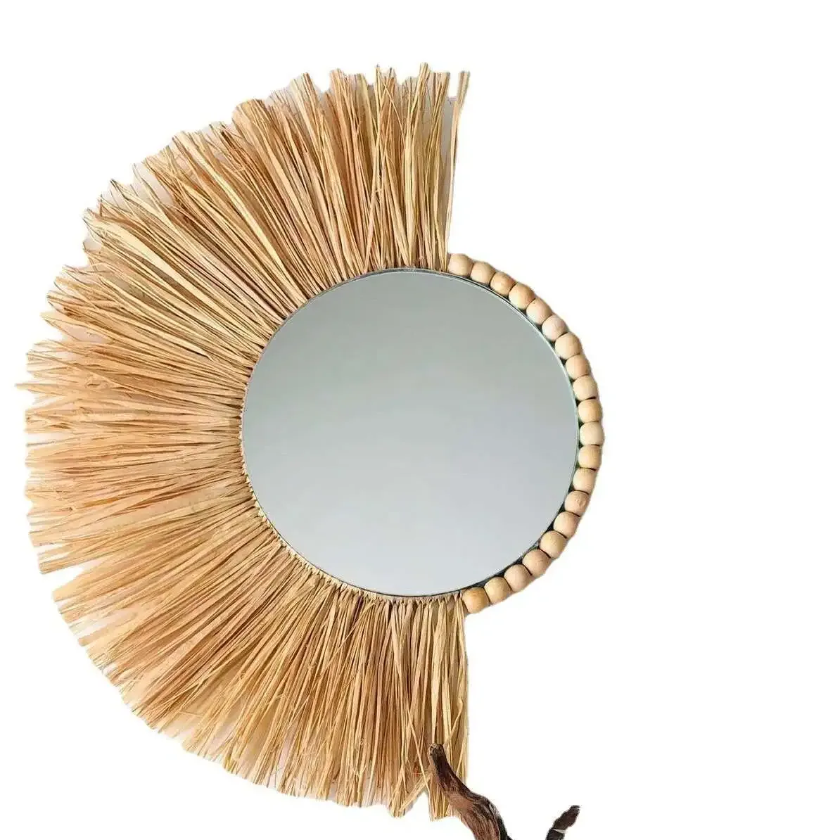 Suspension miroir en paille et perles bois relief – Image 5