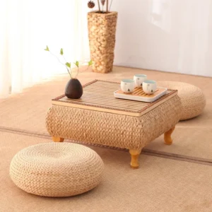 Table basse carrée en rotin et bambou style tatami