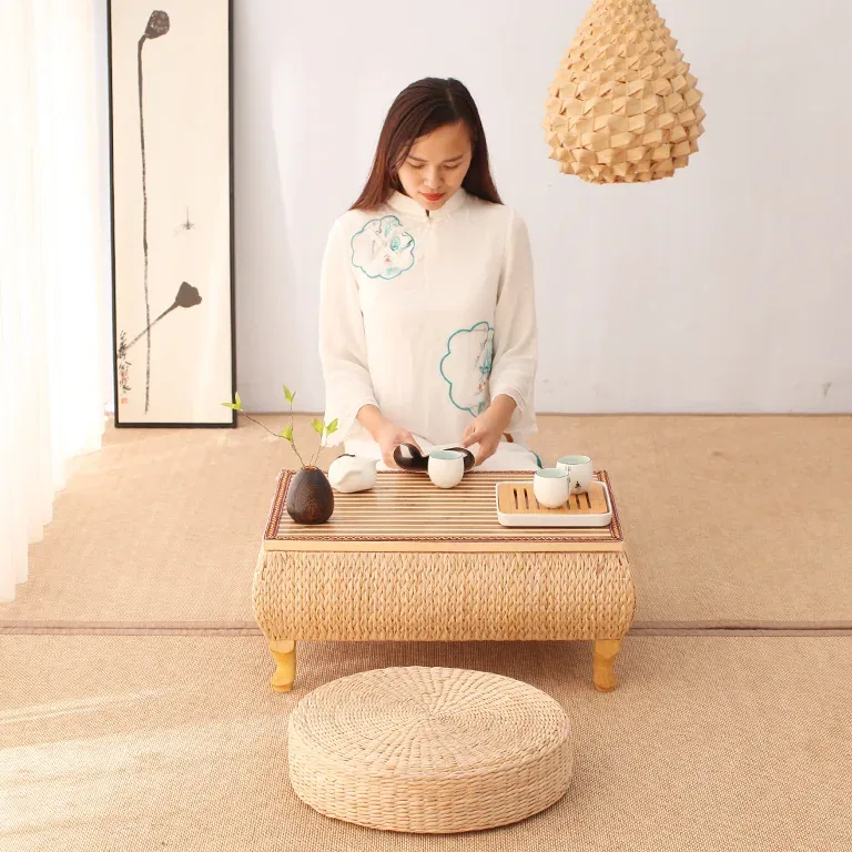 Table basse carrée en rotin et bambou style tatami – Image 2