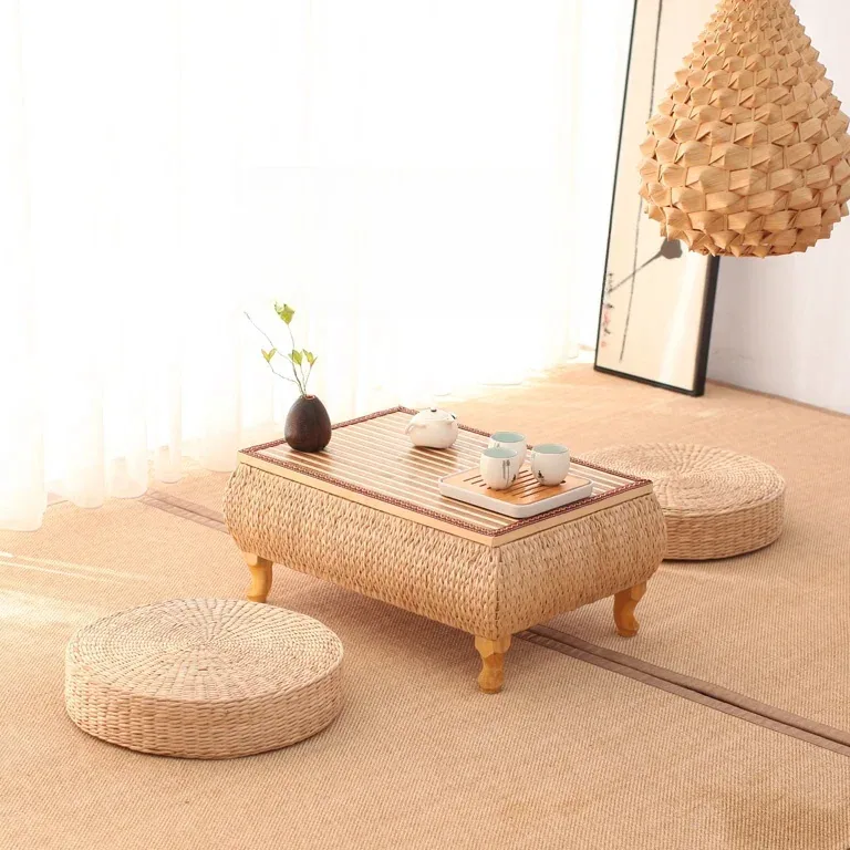 Table basse carrée en rotin et bambou style tatami – Image 3