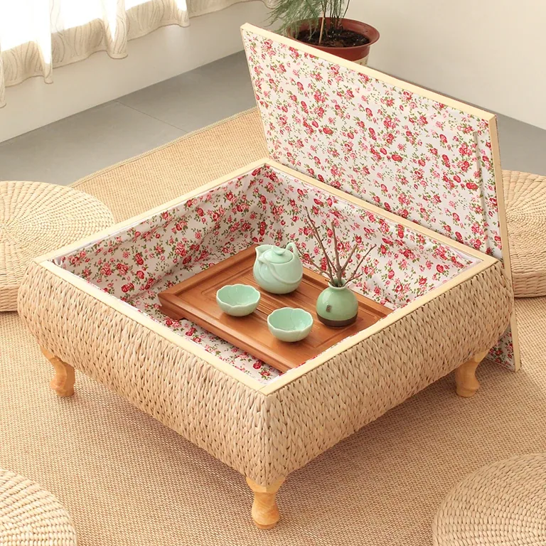 Table basse carrée en rotin et bambou style tatami – Image 5