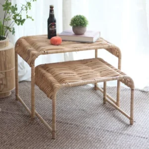 Table basse en rotin style nordique avec étagère métal