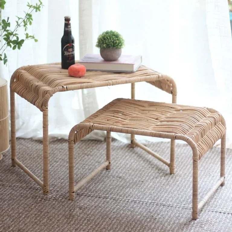 Table basse en rotin style nordique avec étagère métal – Image 2