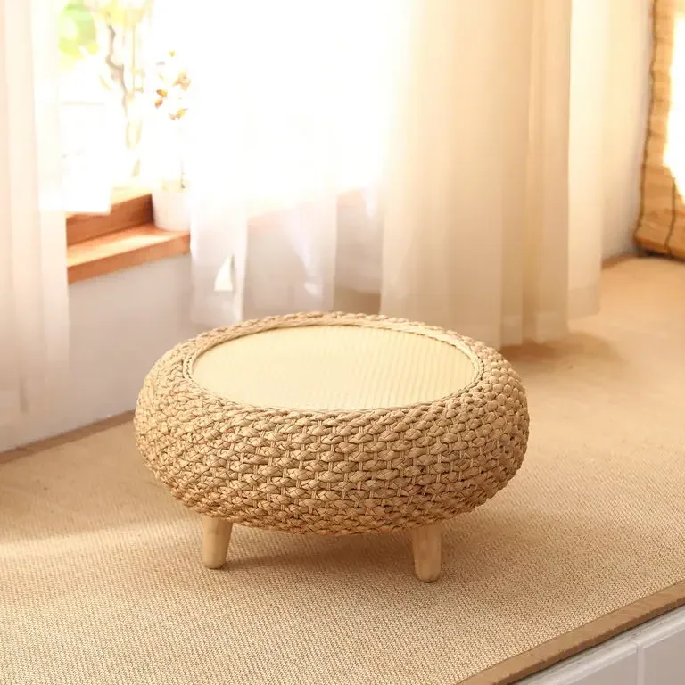 Table basse ronde en rotin tissé à la main avec rangement