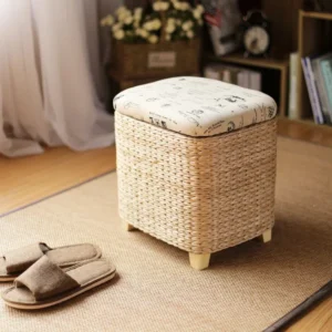 Tabouret de rangement en rotin multifonction