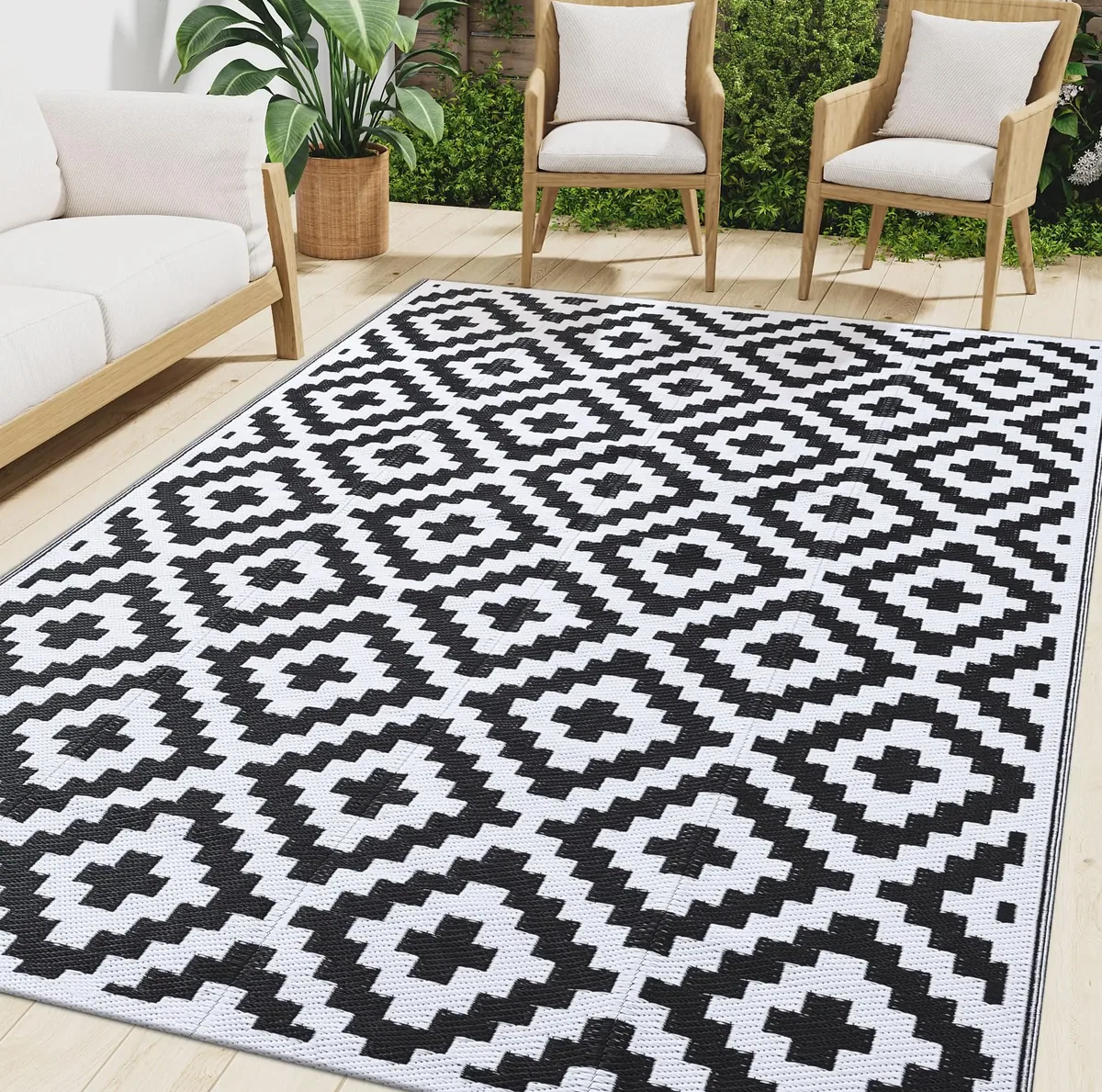 Tapis extérieur réversible PVC style osier rayé