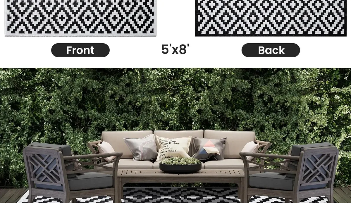 Tapis extérieur réversible PVC style osier rayé – Image 2