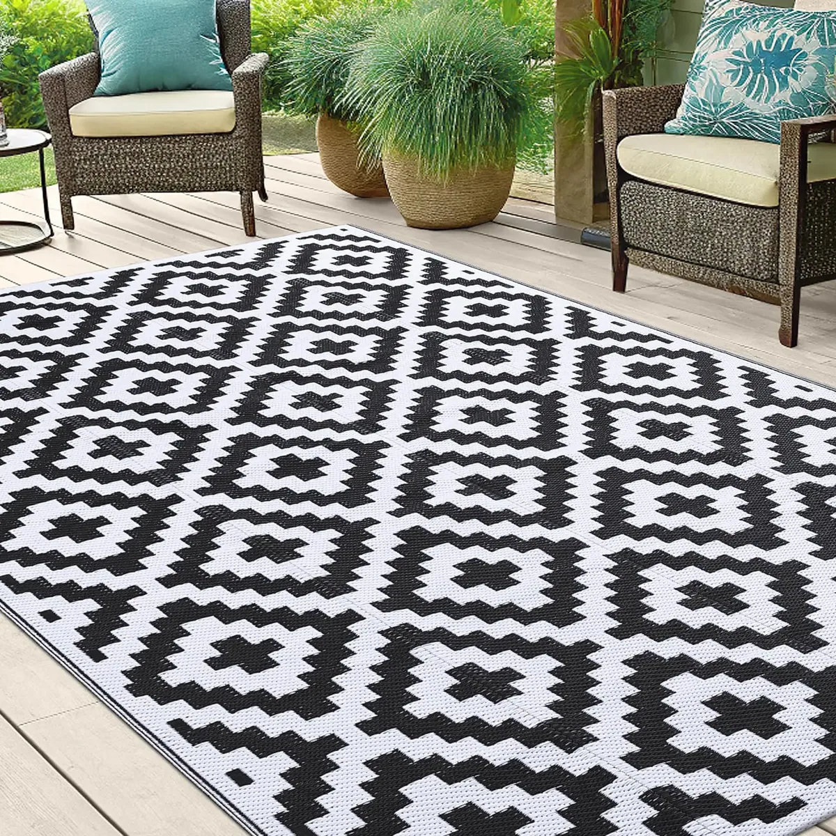 Tapis extérieur réversible PVC style osier rayé – Image 4