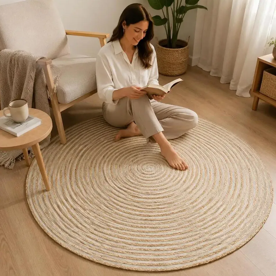 Tapis rond en jute tressé motif spirale 90 cm