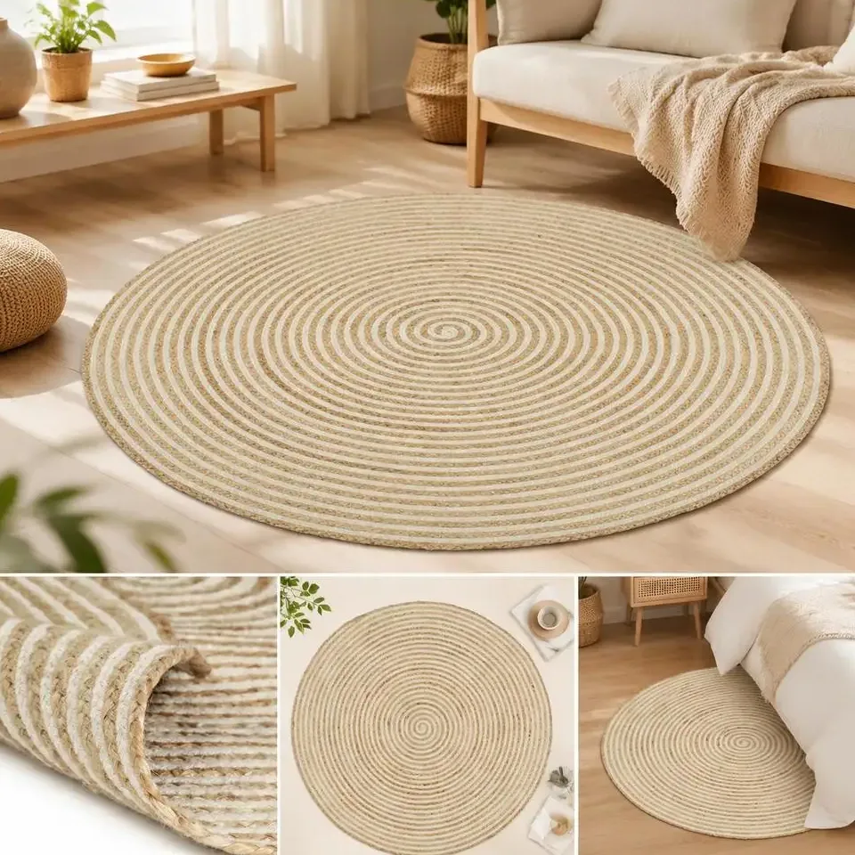Tapis rond en jute tressé motif spirale 90 cm – Image 2