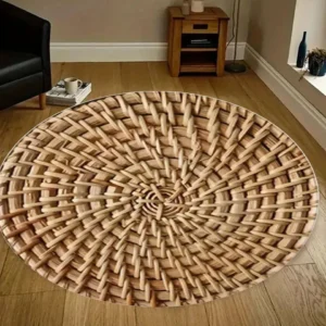 Tapis rond motif rotin tressé en polyester PVC