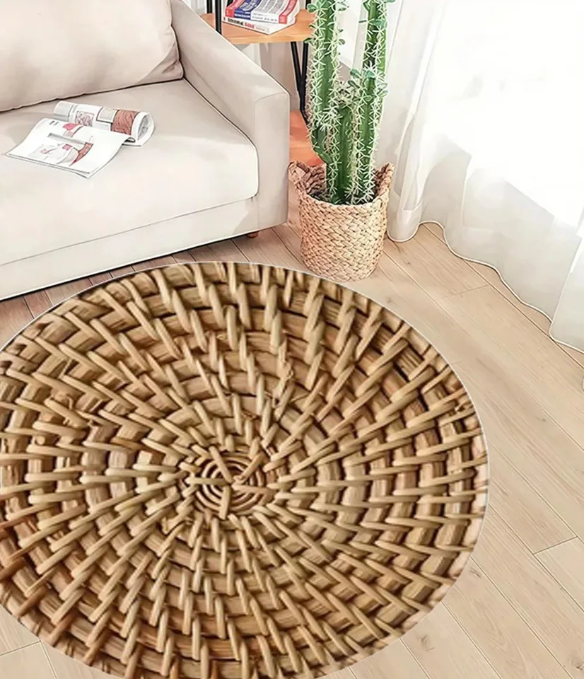 Tapis rond motif rotin tressé en polyester PVC – Image 2