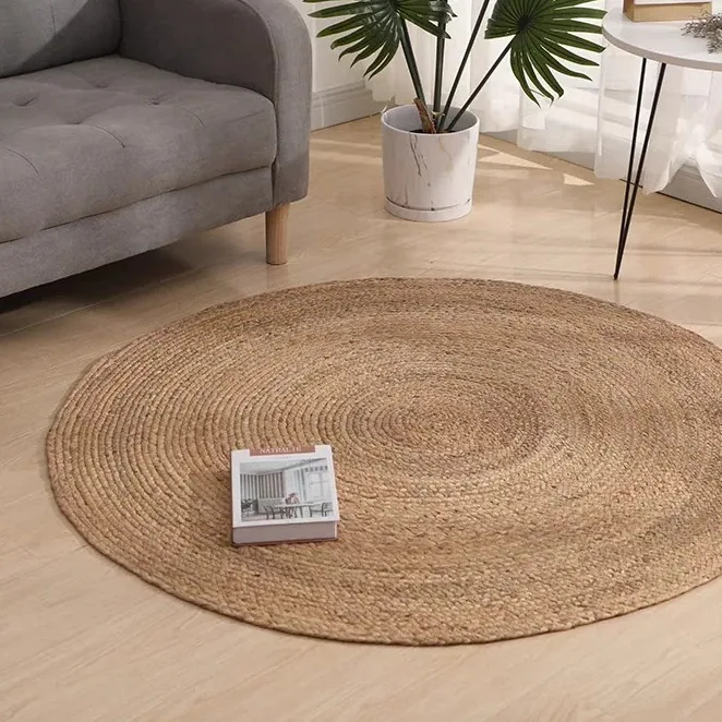 Tapis rond tissé à la main en paille végétale – Image 2