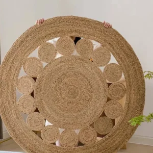 Tapis rond tissé en rotin naturel et polymère