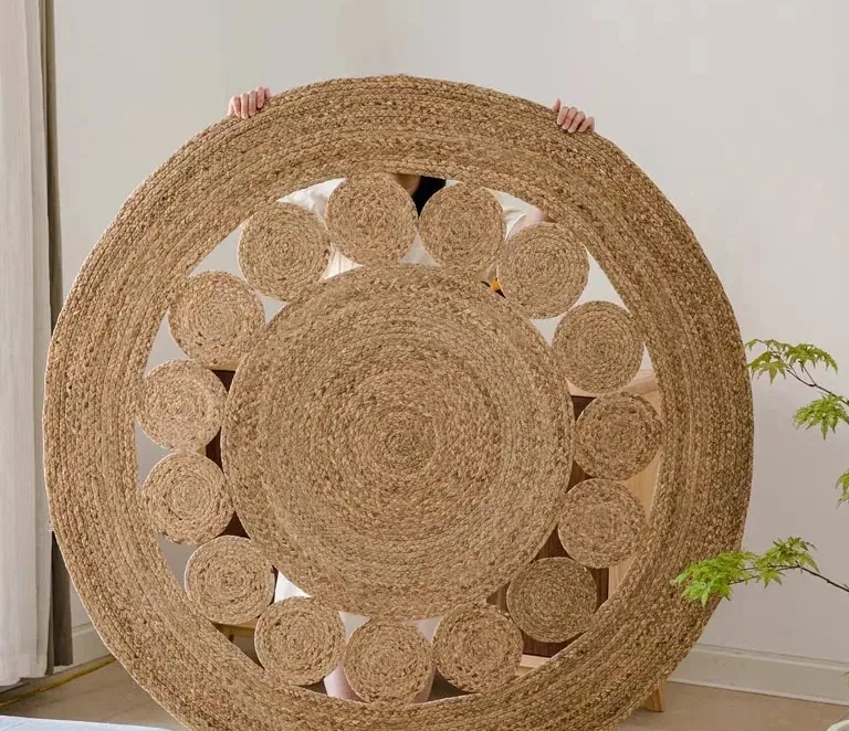 Tapis rond tissé en rotin naturel et polymère