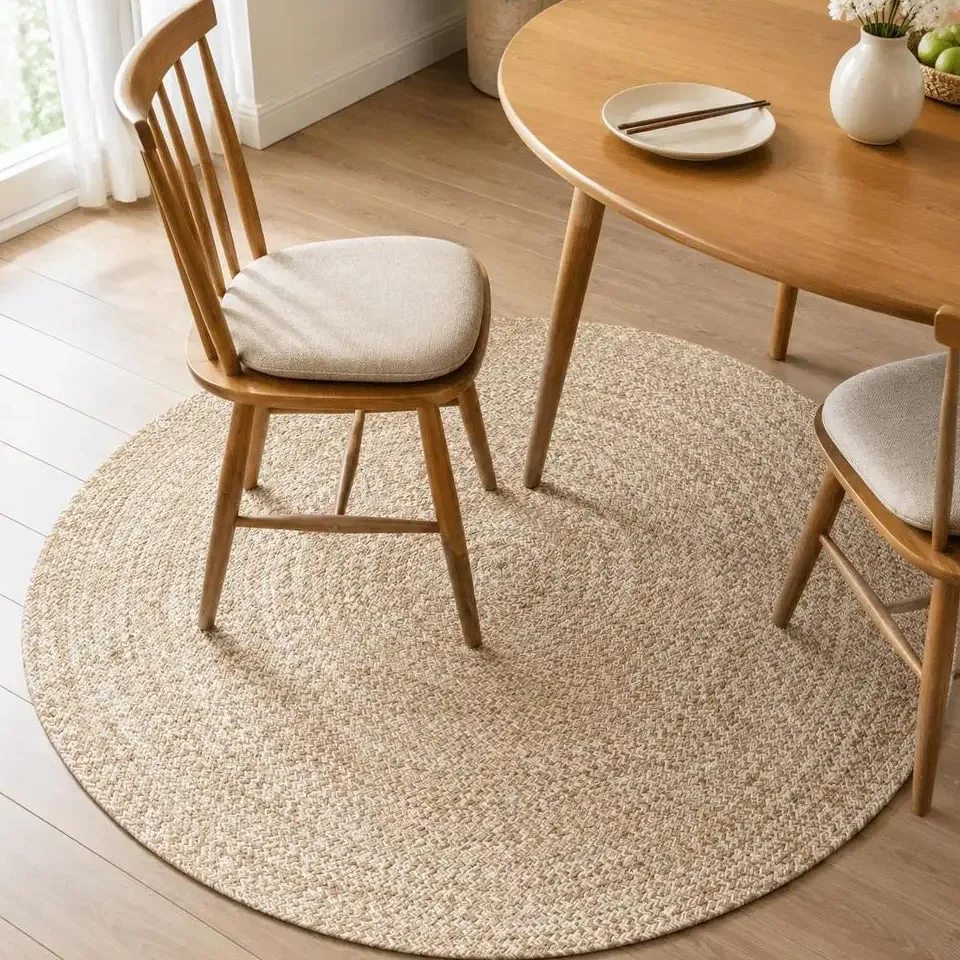 Tapis tressé naturel en jute et coton, modèle unique