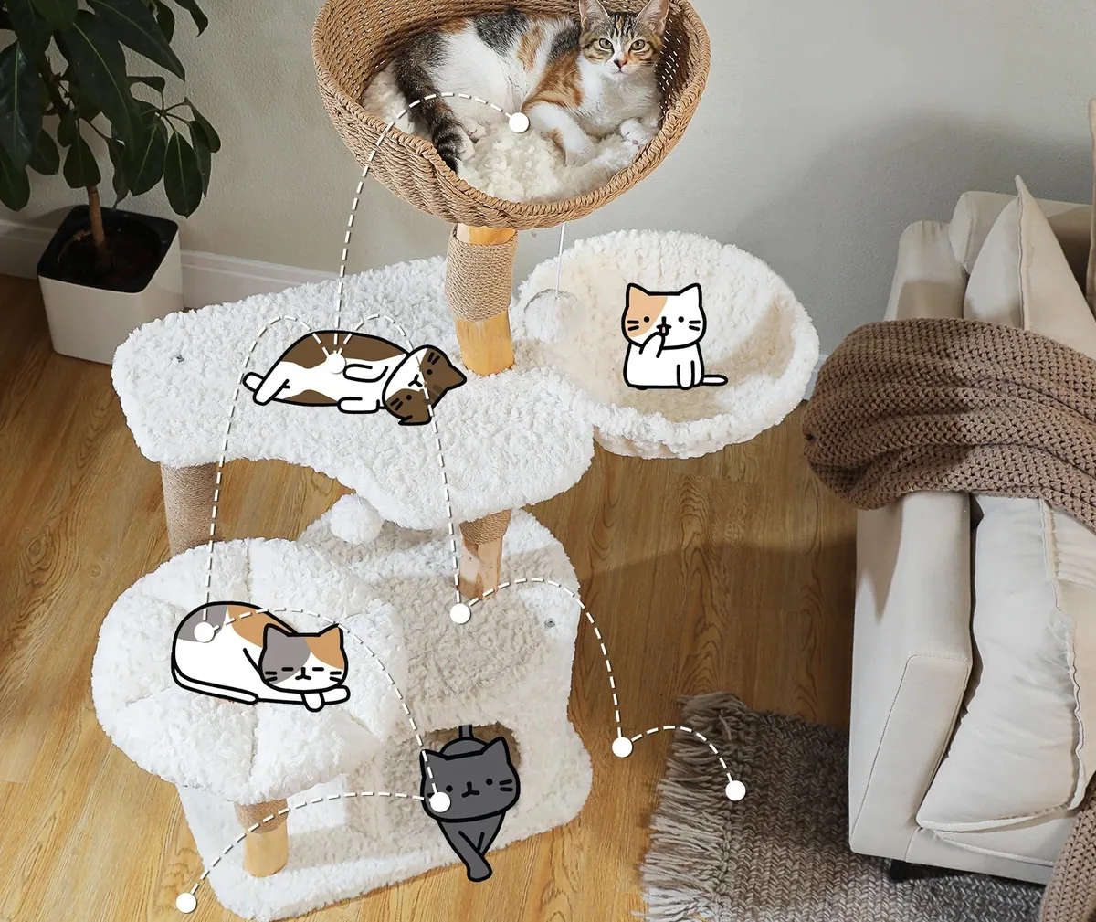 Tour à chat en bois massif quatre niveaux blanc – Image 2