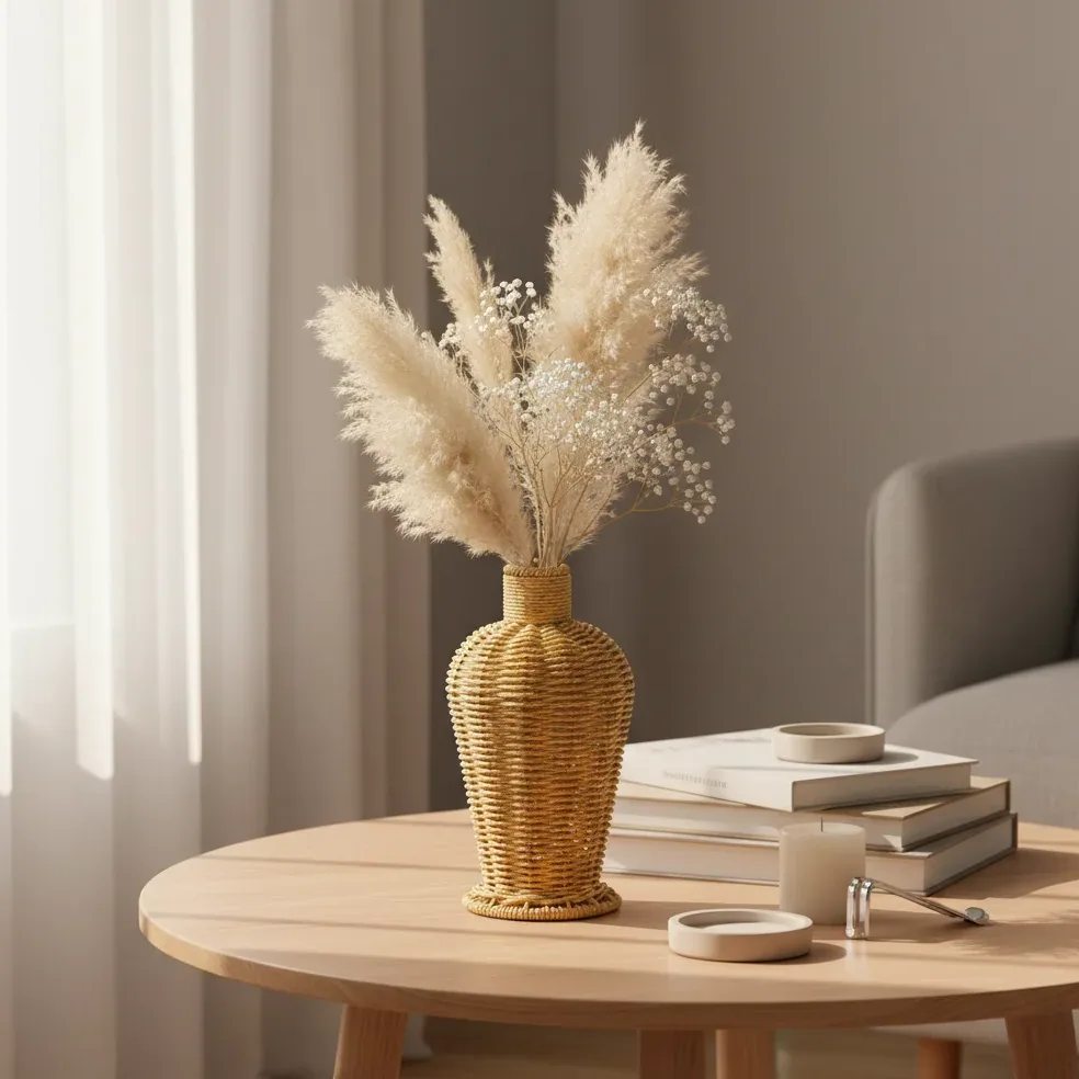 Vase en plastique tressé imitation rotin fait main – Image 2